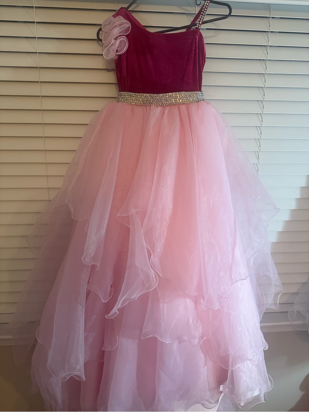 Girls One-Shoulder Pink Velvet and Organza Formal Dress